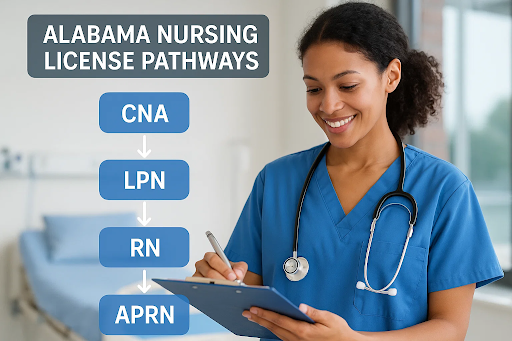 Alabama nursing license pathways with steps for RN, LPN, and advanced practice nurses