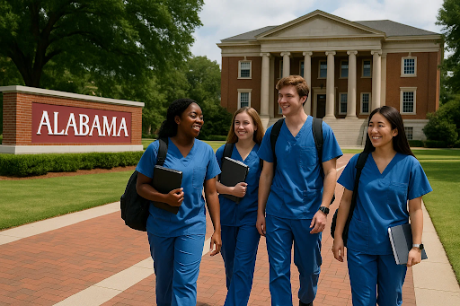 “Nursing students in blue scrubs walking together on the University of Alabama campus.”
