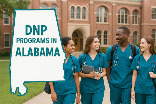 healthcare professionals in scrubs standing beside an illustration of Alabama