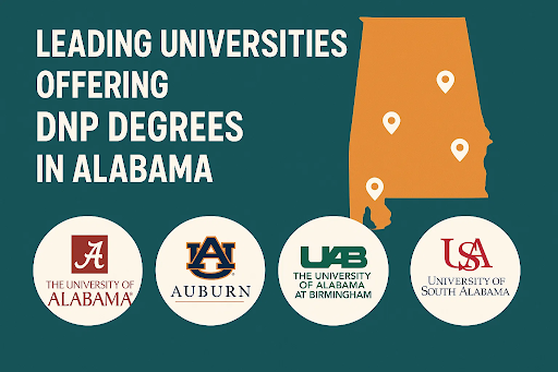 Map of Alabama highlighting locations of leading universities offering DNP degrees, with logos of the University of Alabama, Auburn University, University of Alabama at Birmingham, and University of South Alabama displayed below.