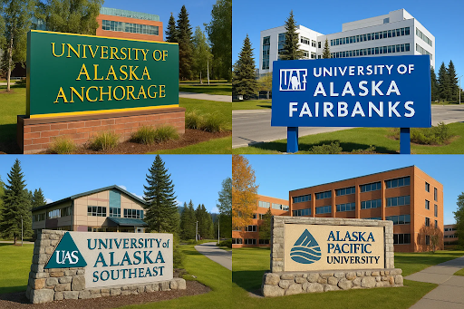 Campus signs of four leading universities in Alaska offering MSN programs: University of Alaska Anchorage, University of Alaska Fairbanks, University of Alaska Southeast, and Alaska Pacific University."