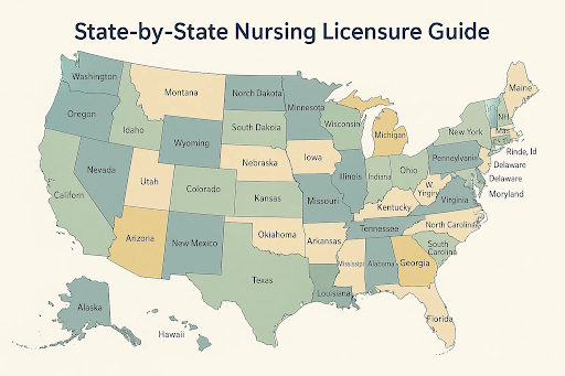 State-by-State Nursing Licensure Guide with requirements, NCLEX exam details, and license renewal information for nurses.