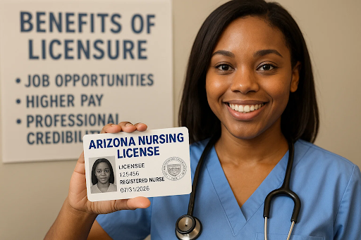 “Nursing student holding an Arizona nursing license card, highlighting benefits of licensure in the state.”