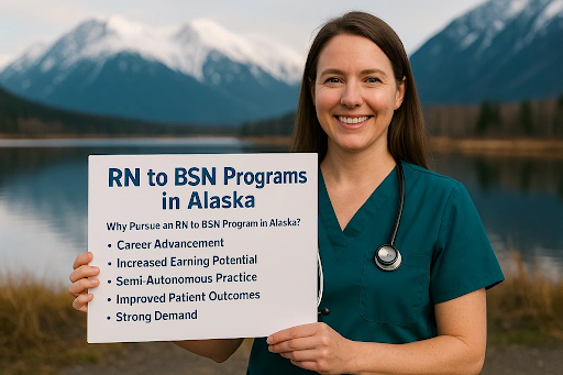 Nurse holding RN to BSN Programs in Alaska sign with benefits listed, mountains and lake in background.