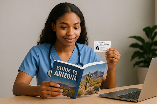 “Smiling nursing student holding an Arizona nursing license card and reading a ‘Guide to Arizona’ book .