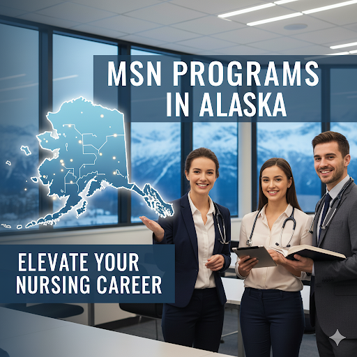 Three smiling nursing professionals in a modern classroom setting with a map of Alaska in the background.