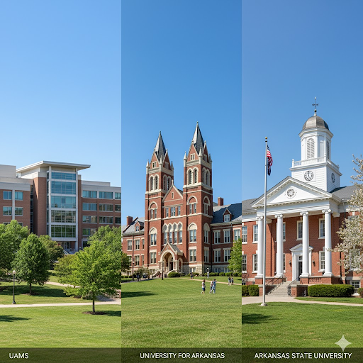 College campus buildings of the University of Arkansas system (UAMS, U of A, A-State) representing accredited MSN program institutions.