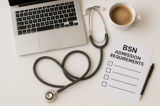 Laptop with nursing textbooks and a checklist labeled &lsquo;BSN Admission Requirements&rsquo; &mdash; depicting Colorado RN to BSN enrollment steps.