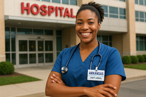 Confident nurse in Arkansas smiling outside a hospital after earning her state license