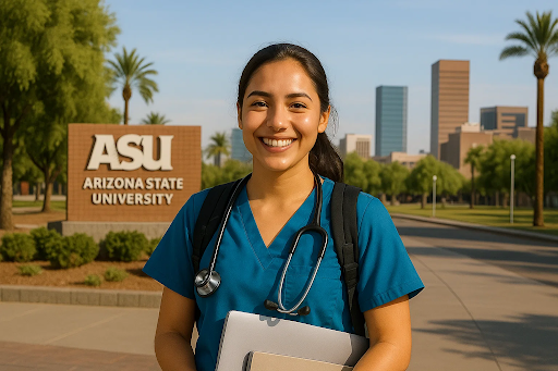 “Nursing student exploring BSN programs in Arizona at ASU and Arizona College of Nursing, with Phoenix skyline in the background”