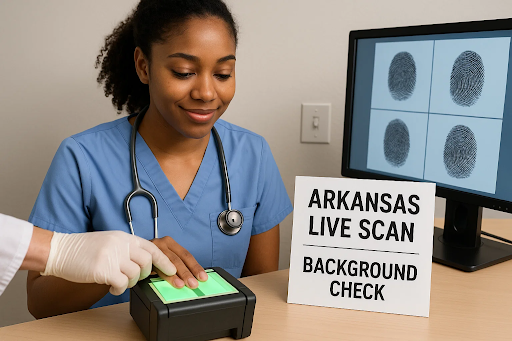 Nursing student completing Arkansas Live Scan fingerprinting for background check