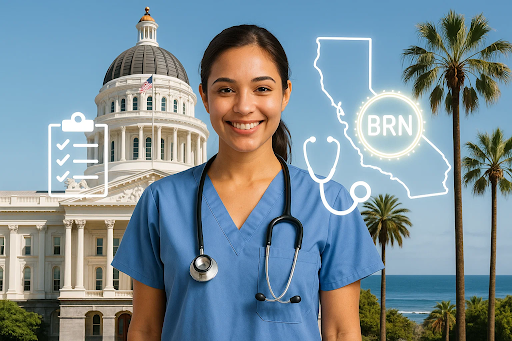 “Illustration of California nurse and state capitol representing the California Board of Registered Nursing license process for uloscah.com article ‘California RN Requirements’.”