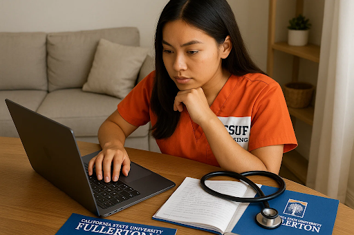 CSUF nursing student studying in hybrid BSN program using laptop in simulation lab.