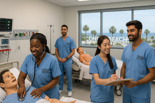 CSULB nursing students practicing in simulation lab at California State University, Long Beach.