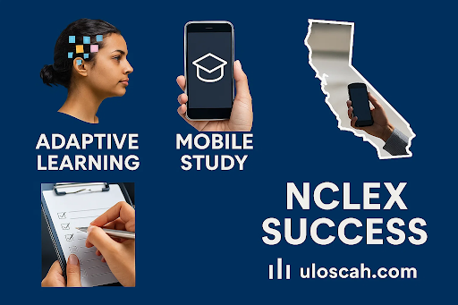 Infographic showing benefits of uloscah.com for BSN and NCLEX prep in California.