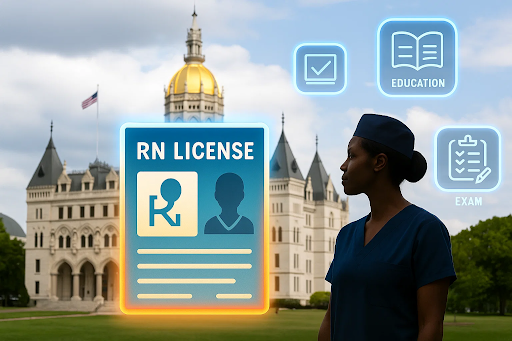 “Digital illustration of the Connecticut State Capitol and a registered nurse holding a clipboard, symbolizing the state’s nursing licensure process — concept for uloscah.com article ‘Connecticut Nursing License: Guide for RNs’.”
