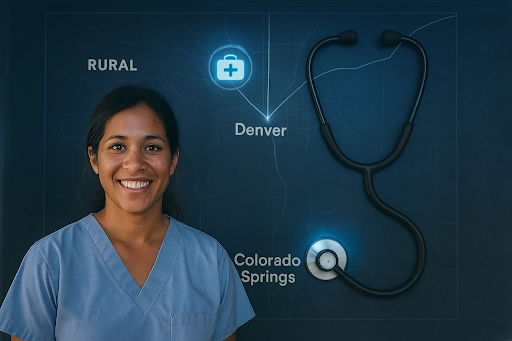A modern map of Colorado highlighting Denver, Colorado Springs, and rural areas with glowing hospital icons and a stethoscope overlay, representing statewide nursing leadership and DNP education.