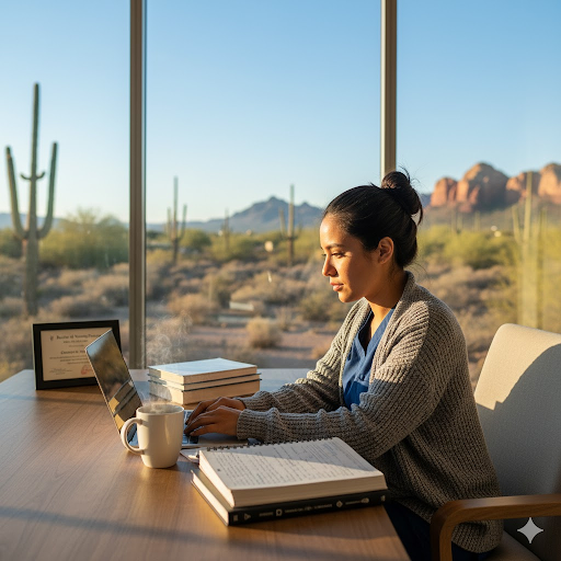 "Nursing student studying on a laptop with medical books in a sunlit Arizona desert setting, symbolizing online DNP programs and advanced nursing education in Arizona — concept for uloscah.com."