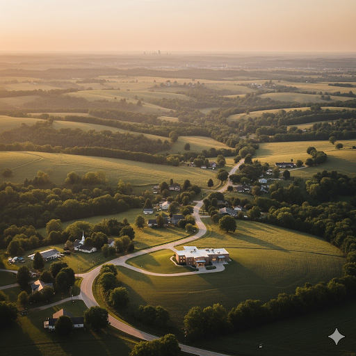 Scenic view of a rural Arkansas community with a health clinic, symbolizing the demand for DNP-prepared advanced practice nurses in underserved areas.