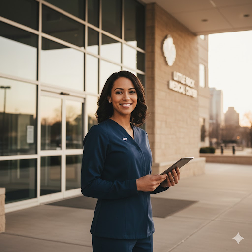 Confident DNP nurse leader in front of a modern Arkansas healthcare facility,