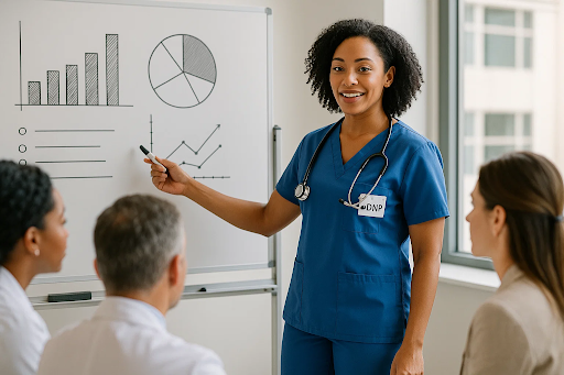 “Nurse practitioner leading clinical discussion after completing DNP program in Connecticut.”