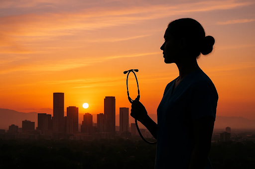 A serene sunrise over Denver with a nurse in silhouette holding a stethoscope, representing empowerment, leadership, and progress in nursing.