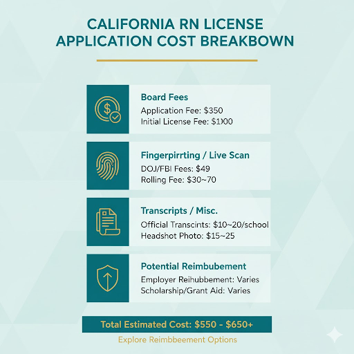 &ldquo;Infographic showing California RN license costs including fees, fingerprinting, and reimbursement options.&rdquo;