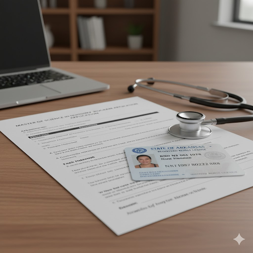 Close-up of an open MSN program application form, a stethoscope, and an RN license on a desk, symbolizing the application process.
