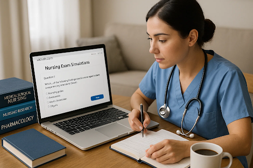 A nurse using a laptop and notebook, surrounded by textbooks and coffee, with the uloscah.com interface on the screen showing nursing exam simulations.