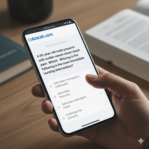 A student interacting with an online DNP/APRN certification practice exam interface on a mobile phone, promoting uloscah.com's test preparation tools. 
