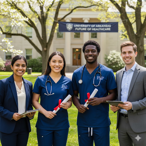 Diverse group of four accomplished nursing professionals and students (RN, FNP, Nurse Educator) in scrubs & professional attire, smiling on a modern Arkansas university campus.