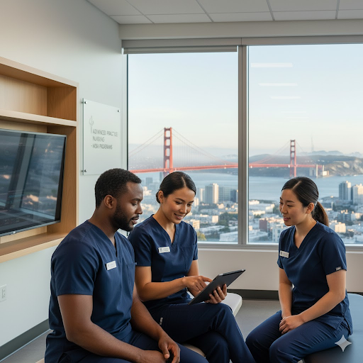 Diverse nurses engage with patients in a vibrant California clinic with coastal views, showcasing MSN programs in California for inclusive advanced care.