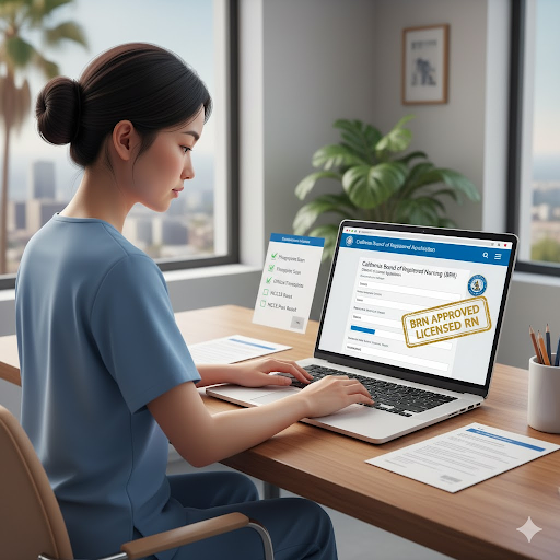 &ldquo;Nurse filling out online California RN license application with BRN approval checklist and submission icons.&rdquo;