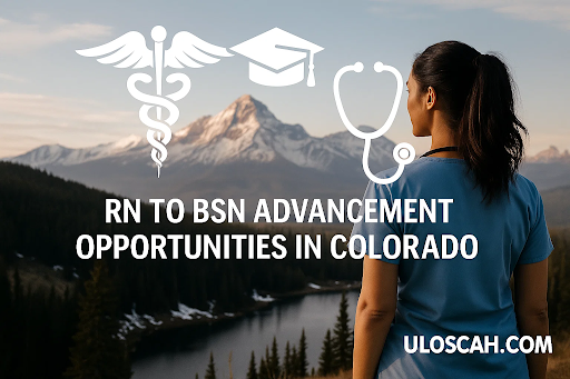 Digital illustration of Colorado’s mountain range with a nurse silhouette, stethoscope, and graduation cap overlay — symbolizing professional growth through RN to BSN programs for Uloscah.com.