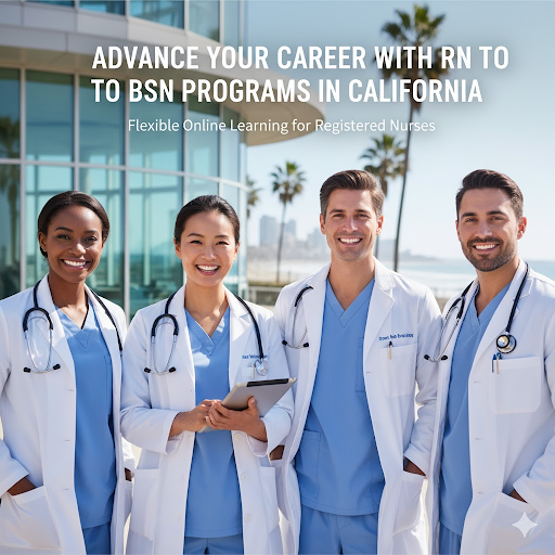 Smiling, diverse nurses in a California hospital. Learn about RN to BSN programs in California.