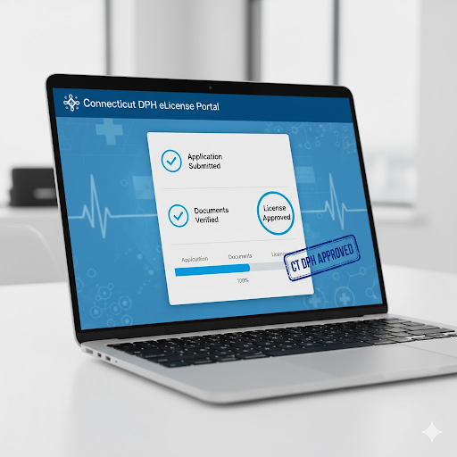 &ldquo;Step-by-step visual guide showing how to apply for a Connecticut nursing license online through the DPH eLicense portal.&rdquo;