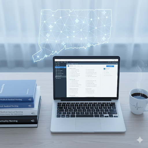 &ldquo;Nursing student preparing for the NCLEX-RN exam with laptop and study materials &mdash; symbolizing exam preparation for Connecticut RN licensure.&rdquo;
