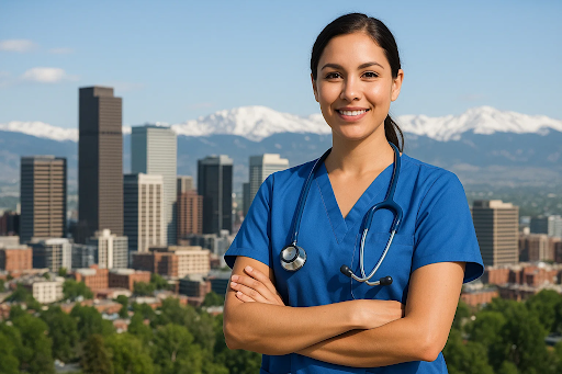 “Smiling nurse studying online in Denver with laptop and stethoscope, symbolizing flexible RN to BSN programs in Colorado.”