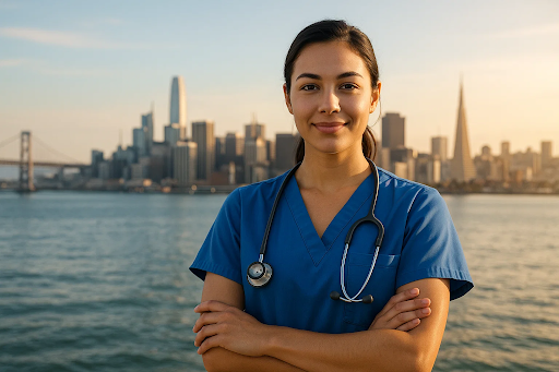 Smiling nursing student in California with city skyline and hospital background representing BSN career success.