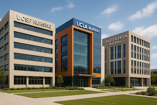 Modern university campus buildings representing University of California nursing schools — UCSF, UCLA, and CSU Fullerton