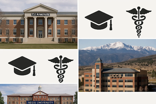 A professional collage of Colorado universities &mdash; CU Anschutz, UCCS, and Regis University &mdash; with icons for graduation caps and medical symbols to signify accredited DNP programs.