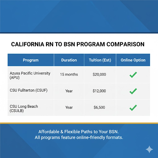Infographic: Compare California RN to BSN programs (APU, CSUF, CSULB) by tuition and duration. Find flexible online options. 