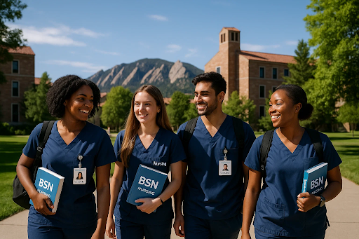 Modern Colorado campus with nursing students walking and holding books &mdash; representing leading RN to BSN colleges.