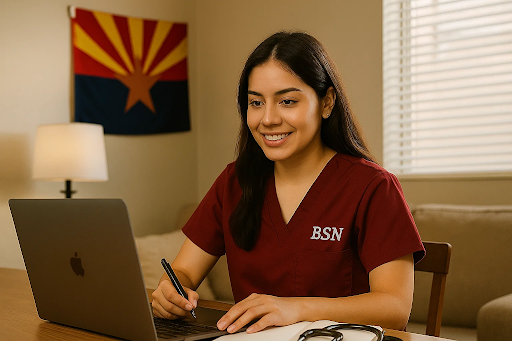 Smiling nursing student in maroon BSN scrubs studying online with a laptop and stethoscope on the desk, with the Arizona state flag in the background.