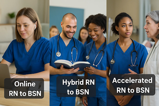 Overview of different RN to BSN program formats in Arizona, including online, hybrid, accelerated, competency-based, and concurrent enrollment options for registered nurses