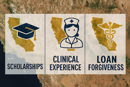 Infographic showing benefits of earning a BSN in California, including scholarships, clinicals, and loan forgiveness.