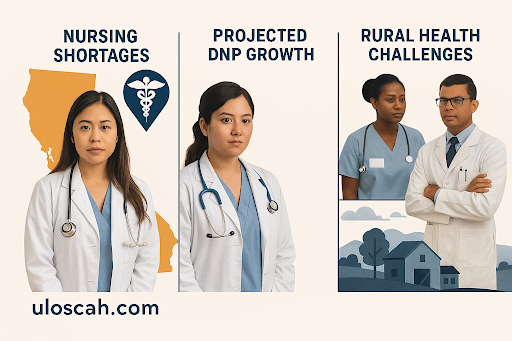 California healthcare infographic showing nursing shortages, projected DNP growth, and rural health challenges