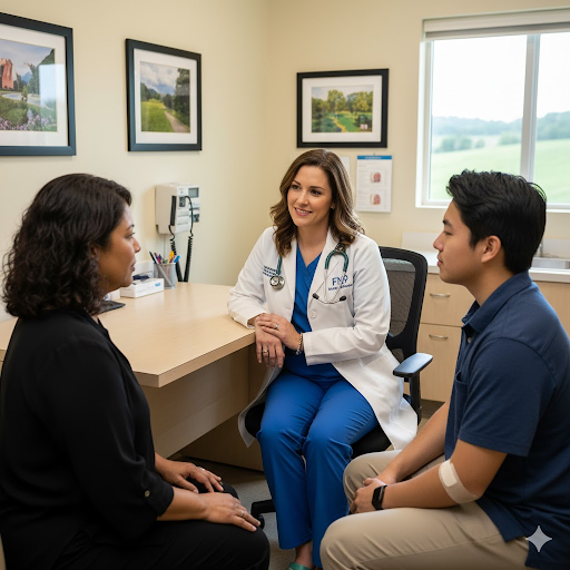 Nurse Practitioner (FNP) in a rural Arkansas clinic interacting with a diverse patient, symbolizing career advancement and demand.