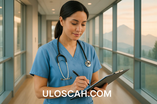 Close-up of a nurse writing notes on a clipboard in a bright Colorado hospital &mdash; representing continued education from RN to BSN.