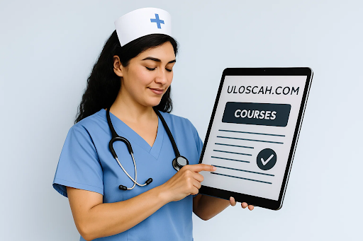 Uloscah.com logo beside a nurse using a tablet showing study materials &mdash; emphasizing Uloscah as the best nursing education resource.